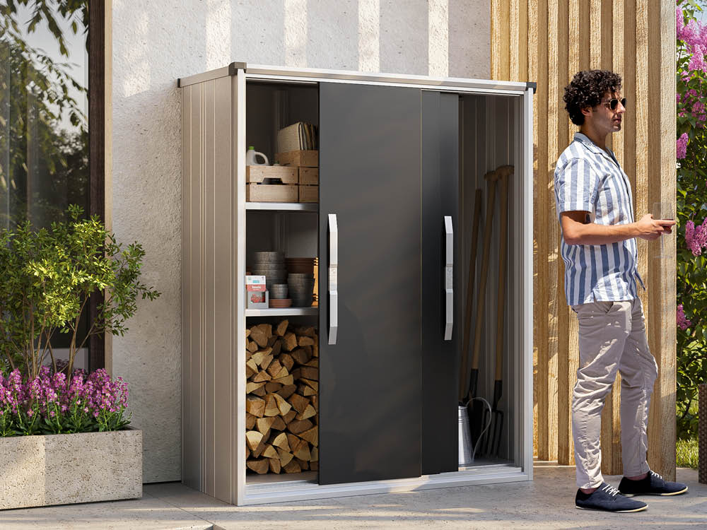 Geräteschrank Größe: 150x75 cm, Höhe: 195 cm, Dachlast: 150 kg/m2, Gartenschrank Gerätehaus Metall, Metallgerätehaus Gerätehaus Geräteschuppen Metall