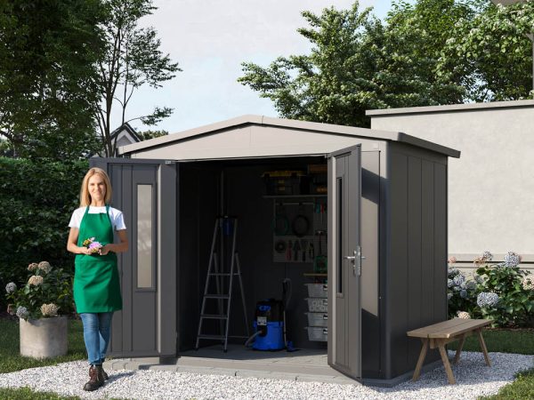 Metallgerätehaus 284x187 cm, Türhöhe: 184 cm, Dachlast: 200 kg/m², stabil, wetterfest, hochwertiges Metall-Gartenhaus für die sichere Aufbewahrung von Gartengeräten, Fahrrädern & mehr. Robuster Geräteschuppen mit langlebiger Stahlkonstruktion!