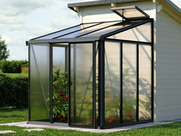 Anlehngewächshaus ELLA 33 ,  BxT: 199 x 194 cm, Gewächshaus mit 16 mm Doppelstegplatten, 1 Fenster, Einfachtür, Gewächshaus Aluminium, Tomatenhaus, Gartenhaus, Treibhaus, gewächshaus günstig, Glashaus