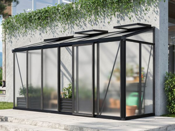 Gewächshaus FLORA 26 ,  BxT: 388 x 132 cm, Anlehngewächshaus mit 16 mm Doppelstegplatten, 3 Fenster, Einfachtür, Gewächshaus Aluminium, Tomatenhaus, Gartenhaus, Treibhaus, gewächshaus günstig, Glashaus