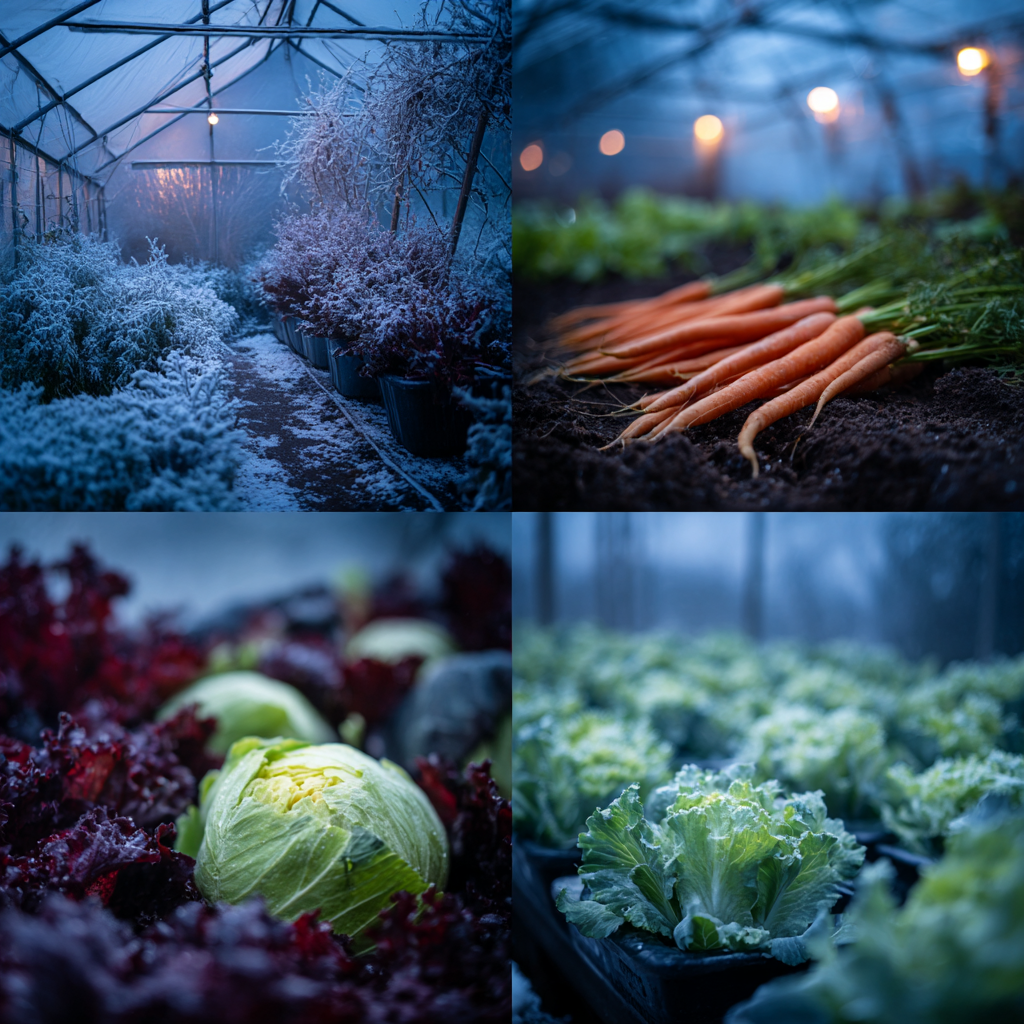 Wintergemüse im Gewächshaus bei Frostbedingungen angebaut