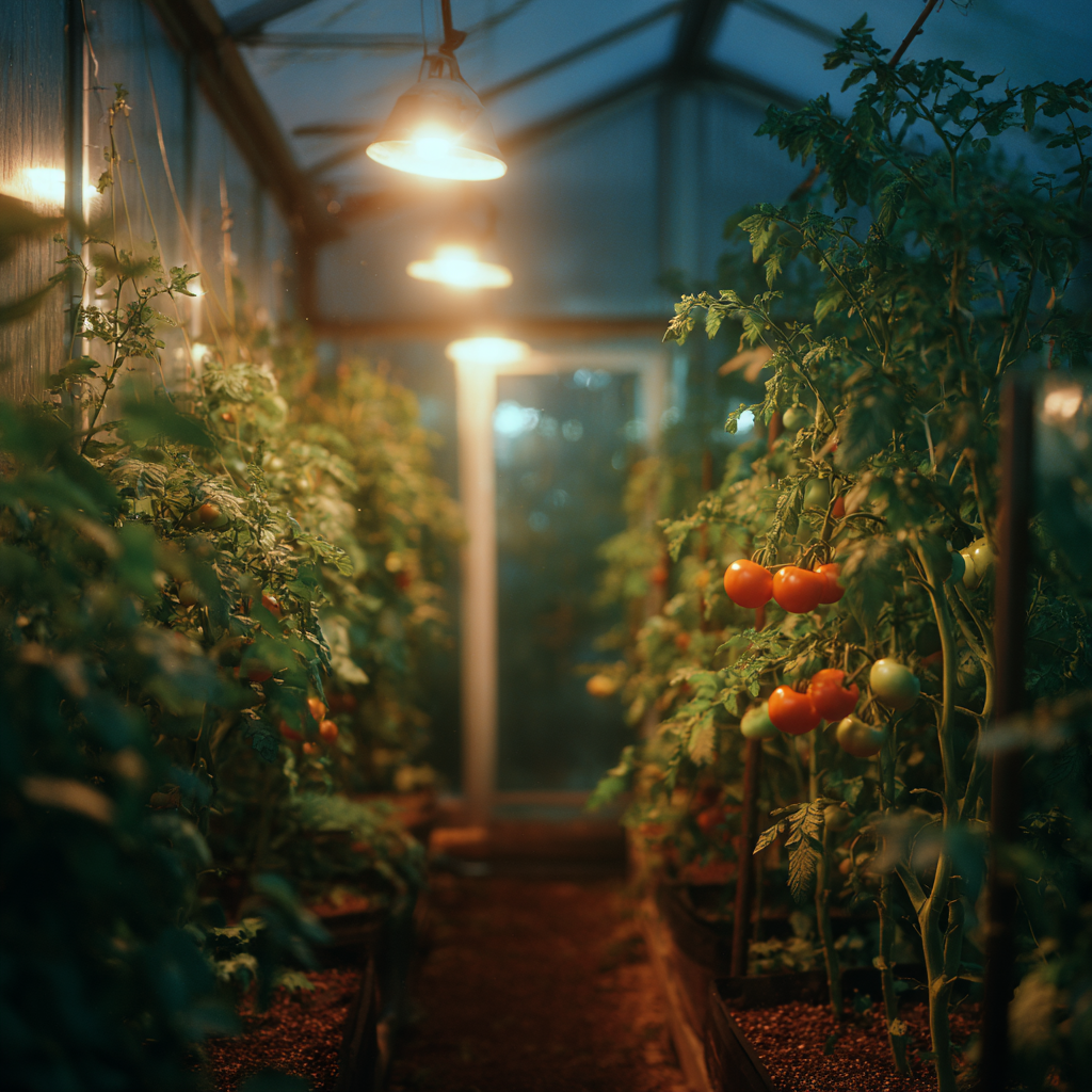 LED-Pflanzenlampen sorgen im Gewächshaus für gleichmäßige Beleuchtung von Tomatenpflanzen