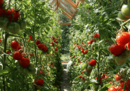 Tomatenpflanzen mit reifenden Früchten unter geöffnetem Dachfenster im Gewächshaus