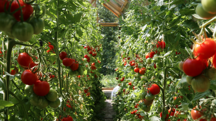 Tomatenpflanzen mit reifenden Früchten unter geöffnetem Dachfenster im Gewächshaus