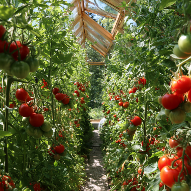 Tomatenpflanzen mit reifenden Früchten unter geöffnetem Dachfenster im Gewächshaus