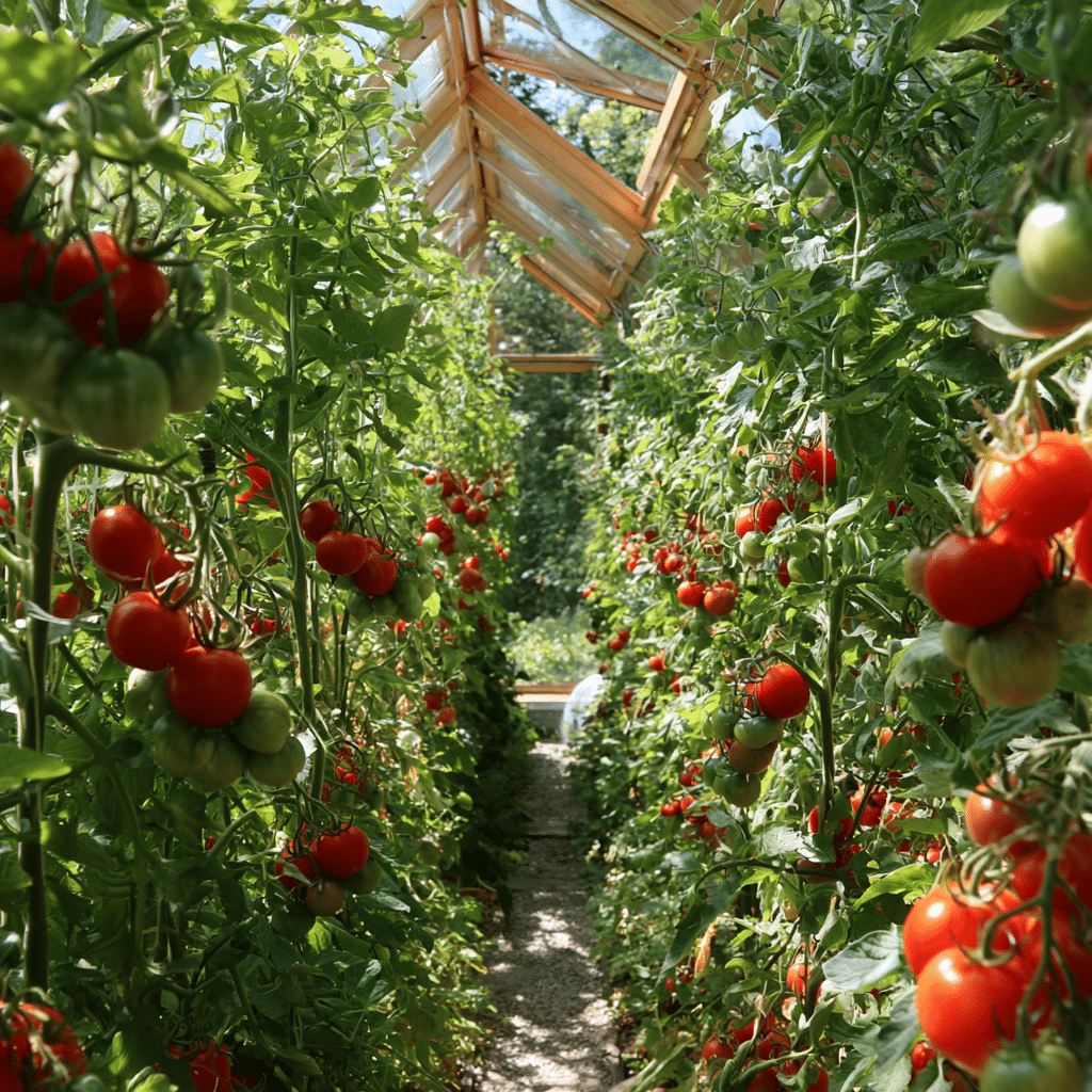 Tomatenpflanzen mit reifenden Früchten unter geöffnetem Dachfenster im Gewächshaus